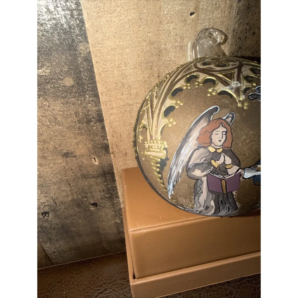 Vtg Hand Painted Inside Glass Christmas Ornament Angels Gold Trim Blown 3